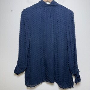 Ann Mashburn Women 100% SILK Top Small Blue Swiss Dot Tie Neck Blouse Luxury